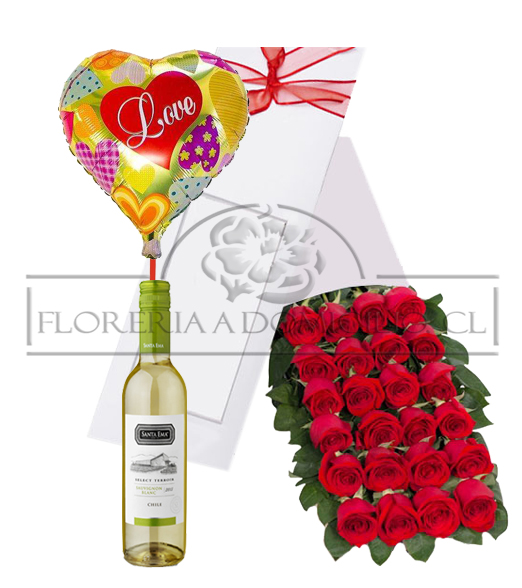 Caja de 24 Rosas + Vino Blanco 750cc+ Globito